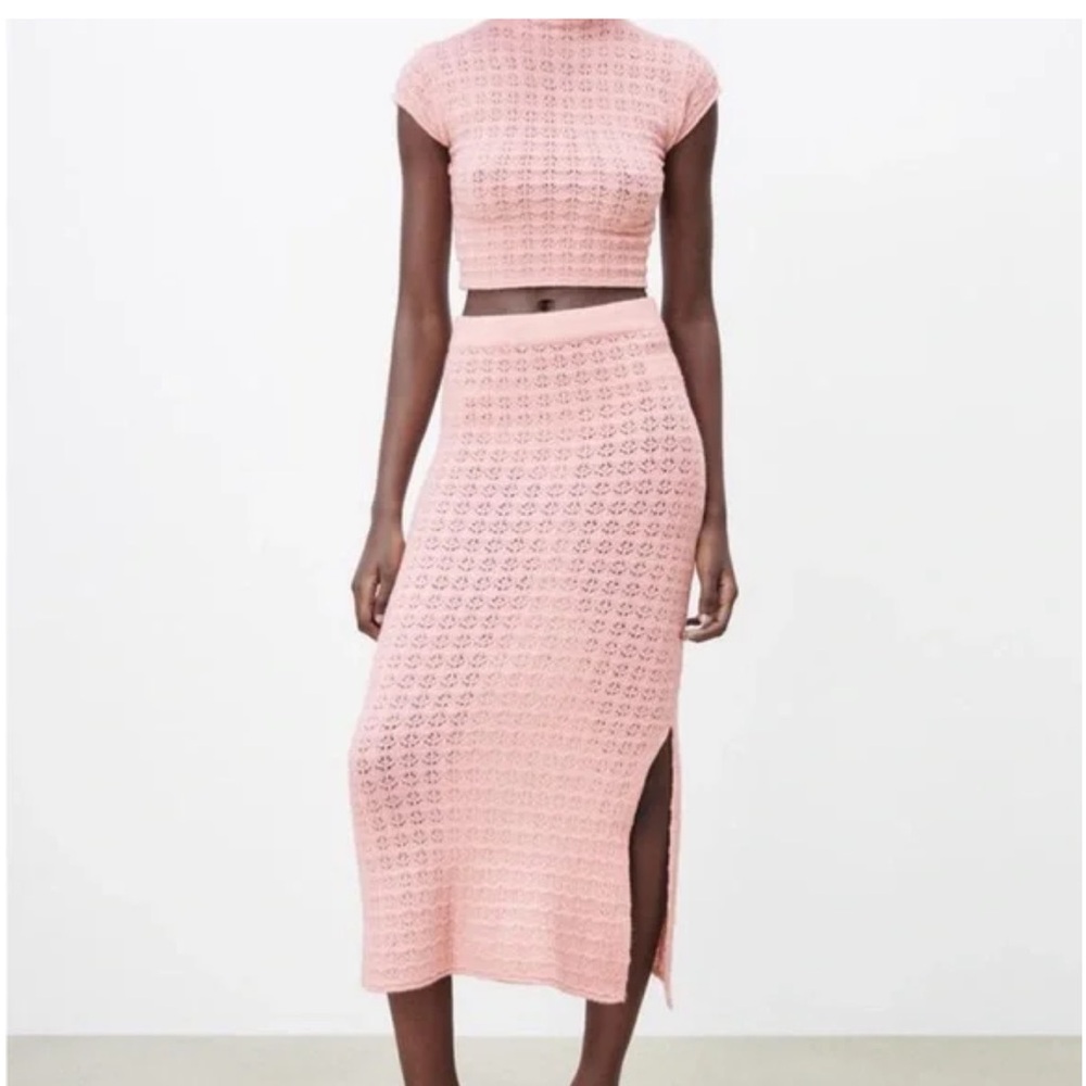 Zara Elegant Pink Crochet Skirt Set